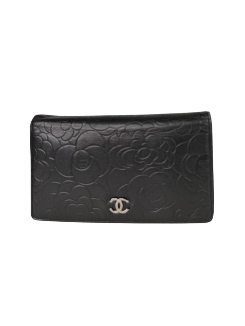 CHANEL Camellia Embossed Black Leather Wallet & COA, Chain